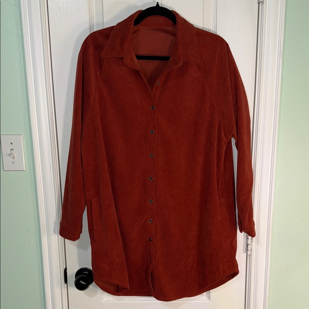 Rust Corduroy Like Button-Up Dress